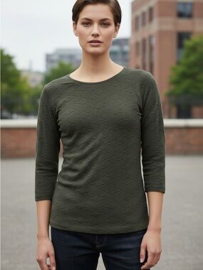 Tees By Tina Textured 3/4 Sleeve Olive Green Stretch Knit Top OS
